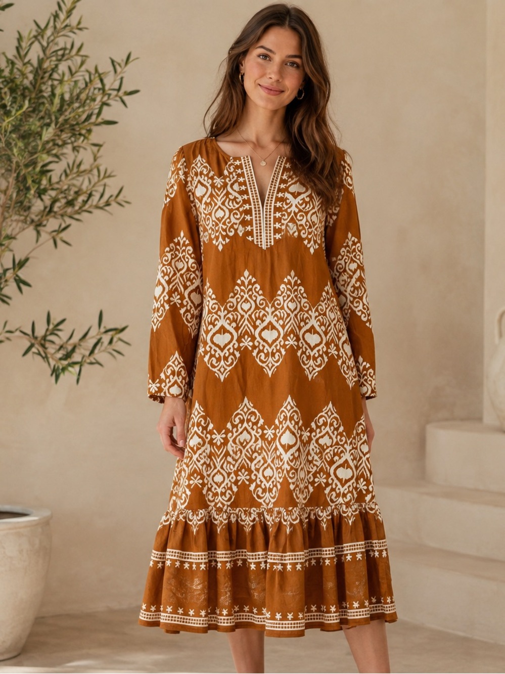 GiGiO Bohemian Printed Midi Dress in Brown with White Motif